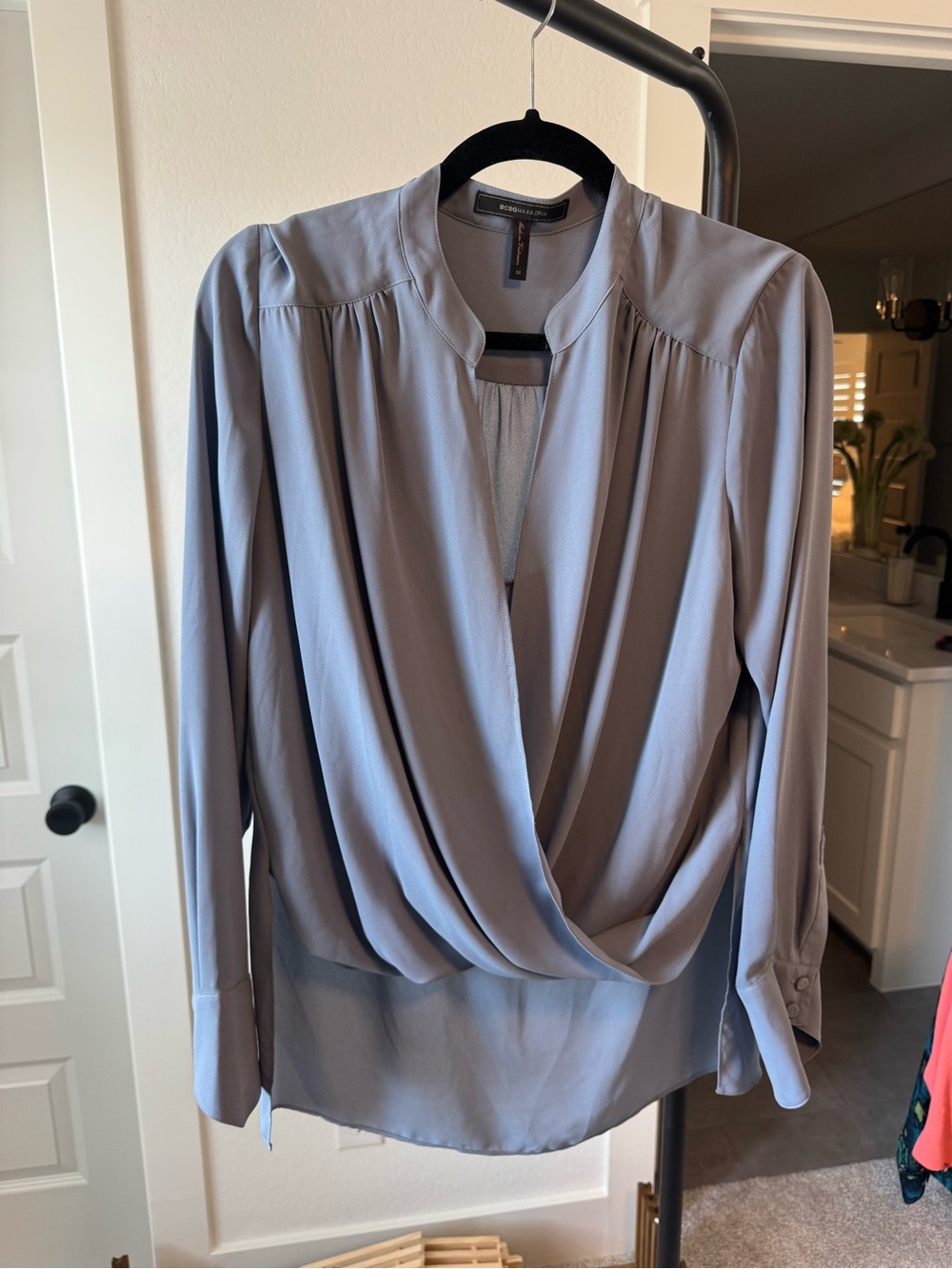 BCBGMaxAzria Light Blue Draped Surplice Blouse